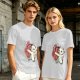 Olive T-Shirt With Cute White Cat Hugging Anatomical Heart Print
