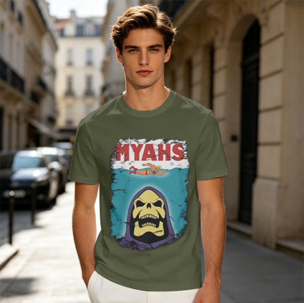 Olive Graphic T-Shirt with Skeletor Jaws Parody Art