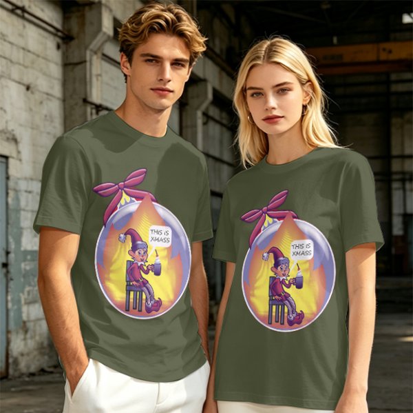 Olive Christmas Elf Ornament T-Shirt with 'This is Xmass' Print