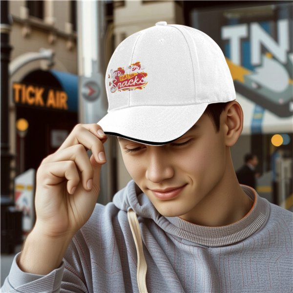 Black baseball cap with I'm here for the snacks graphic print