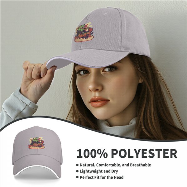 Black baseball cap with monster dinosaur eating pizza graphic