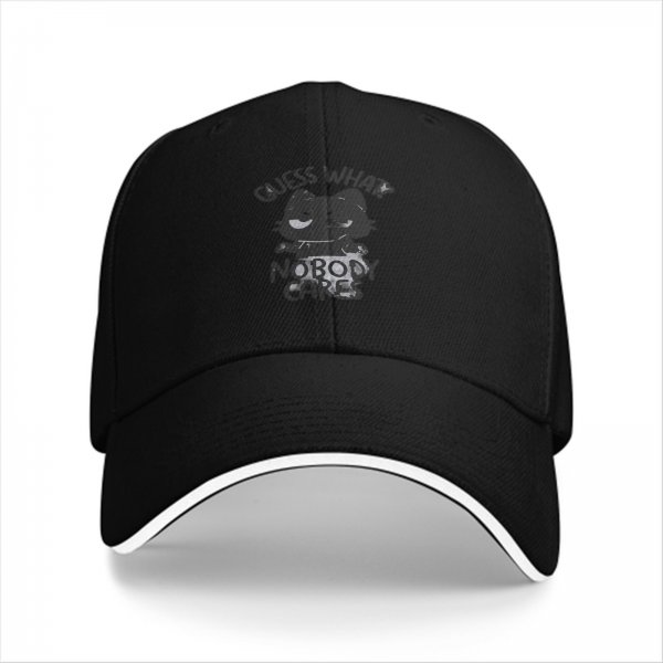 Black baseball cap with 'Guess What Nobody Cares' cat graphic