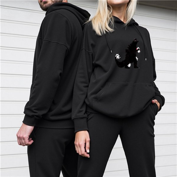 Black hoodie with playful Godzilla and cats graphic design