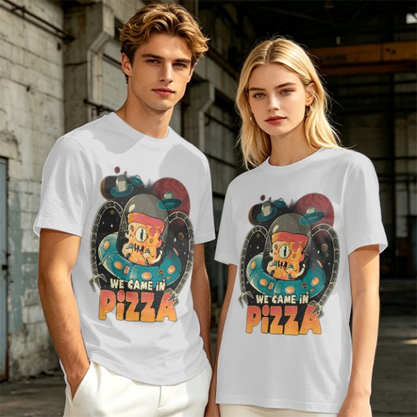 Olive t-shirt with space pizza alien graphic and 'We Came in Pizza' text