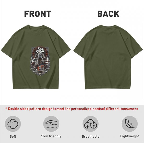 Olive T-shirt with Gothic Anime Character Group Graphic Print