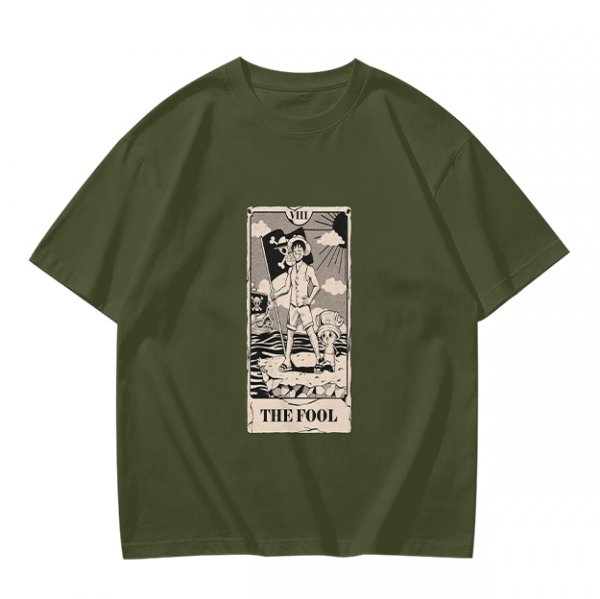 Olive T-Shirt with The Fool Tarot Card Anime Print