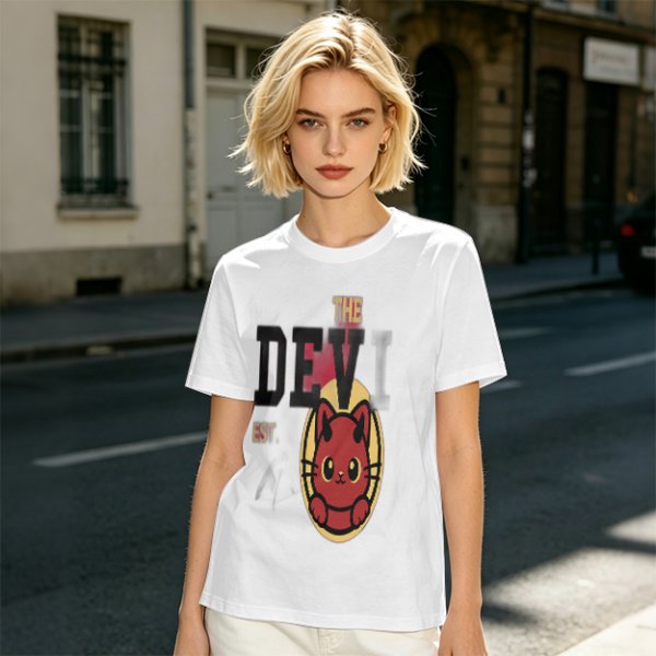 Olive T-Shirt with Red Devil Cat Graphic and The Dev Print