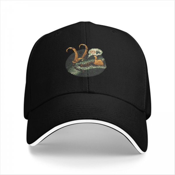 Black baseball cap with alligator Loki giving a thumbs up