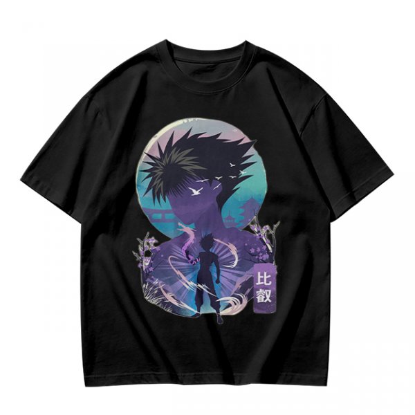 Anime character silhouette graphic tee with stylized purple and blue art