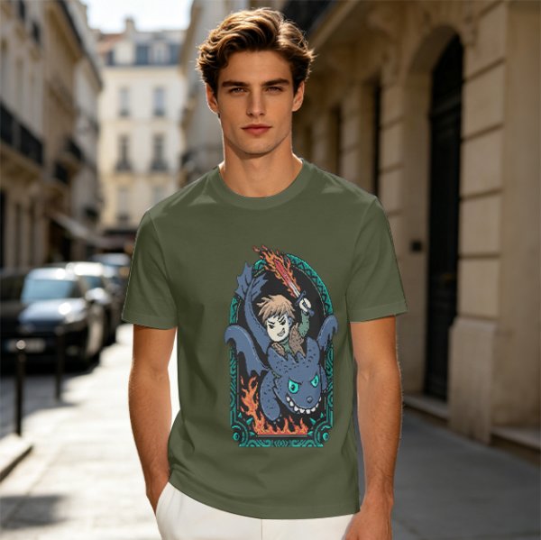 Olive T-shirt with How to Train Your Dragon Toothless and Hiccup Print