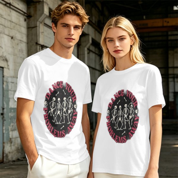 Olive T-shirt with Dancing Skeletons and 'Dance Your Problems Away' Text