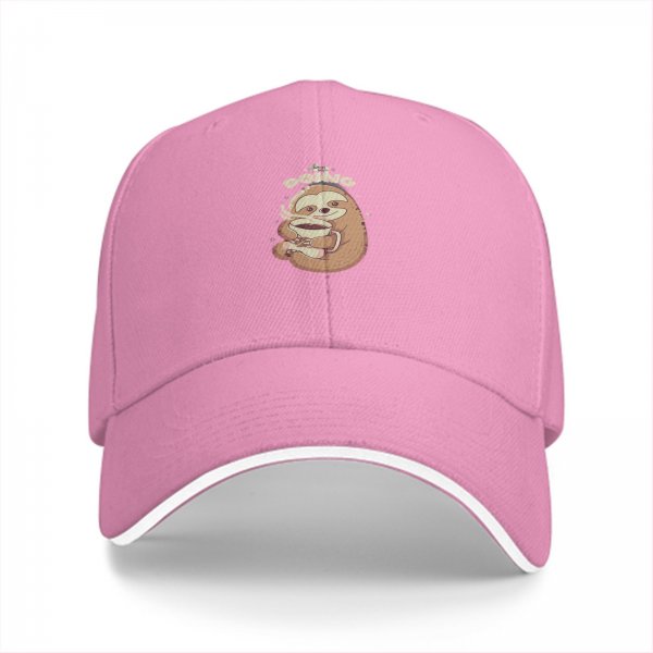 Black baseball cap with sloth holding coffee and 'doing' text