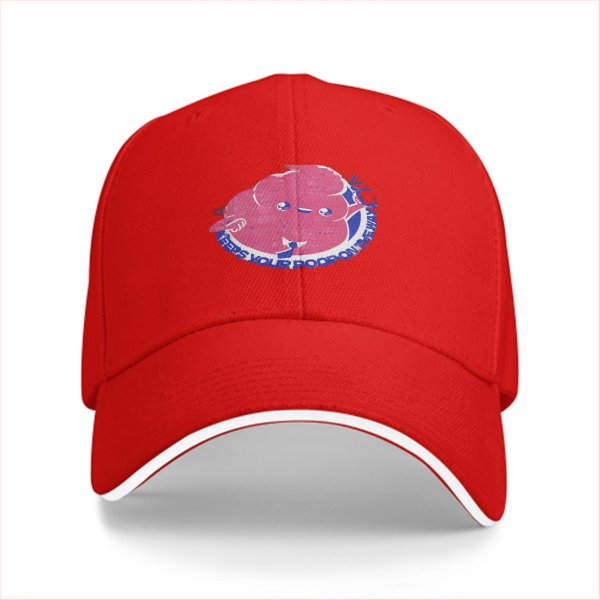 Black baseball cap with cartoon poop graphic and text print
