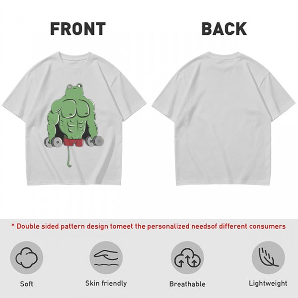 Oversized Army Green T-Shirt With Muscular Frog Lifting Dumbbells Print