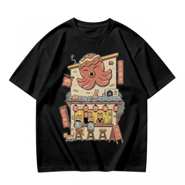 Olive T-Shirt with Octopus Takoyaki Shop Cat Art Print