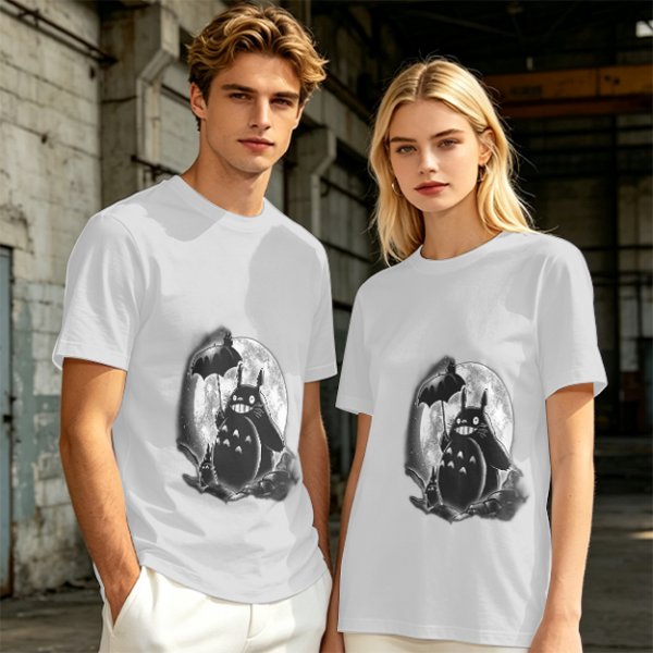 Olive t-shirt with Totoro and small spirits under full moon print