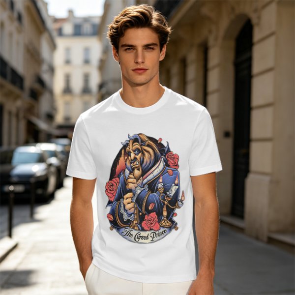 Olive T-shirt featuring The Cursed Prince Beast with roses and candelabra
