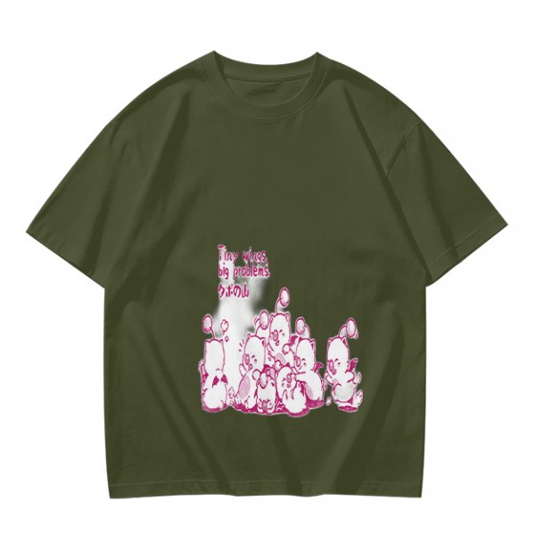 Olive Green T-Shirt With Pink Whimsical Graphic Print