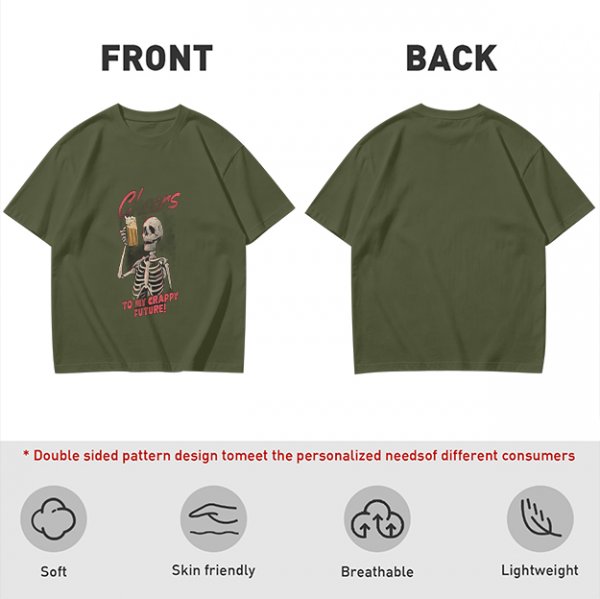 Olive skeleton graphic t-shirt with 'Cheers to my crappy future' print