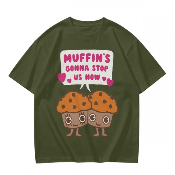 Olive t-shirt with cute muffin graphic and playful text design