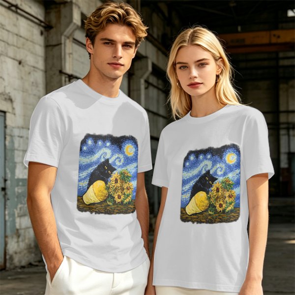 Olive T-Shirt with Starry Night Cat and Sunflowers Art Print