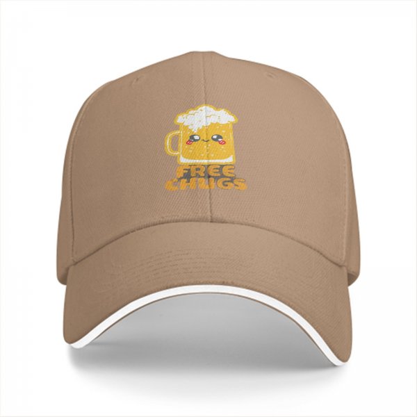 Black baseball cap with cute beer mug graphic and free chugs text