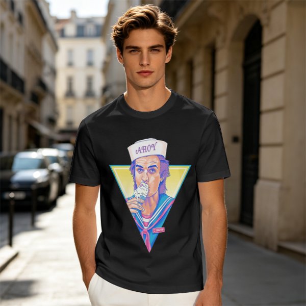 Olive T-Shirt with Steve Harrington Scoops Ahoy Ice Cream Graphic