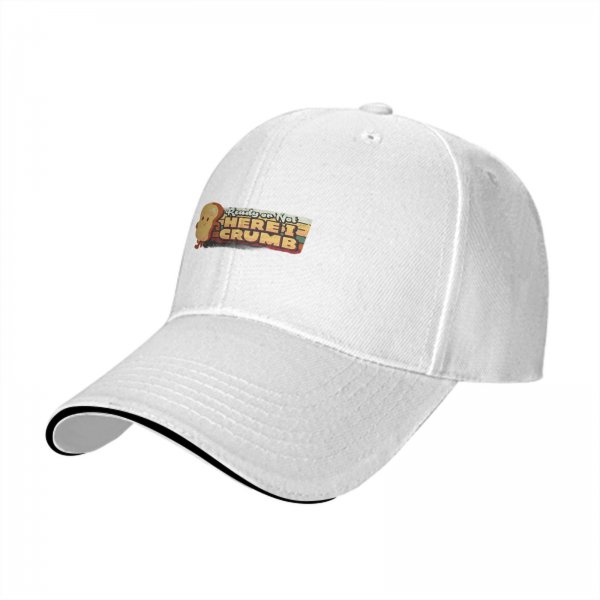 Black baseball cap with 'Here I Crumb' bread graphic print