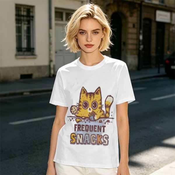 Olive T-Shirt With Cat Eating Snacks Frequent Snacks Print