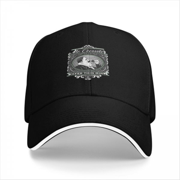 Black baseball cap with Mr. Creosote Wafer Thin Mints graphic