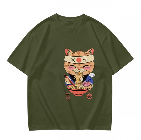 Olive green t-shirt with a cute cat eating ramen graphic