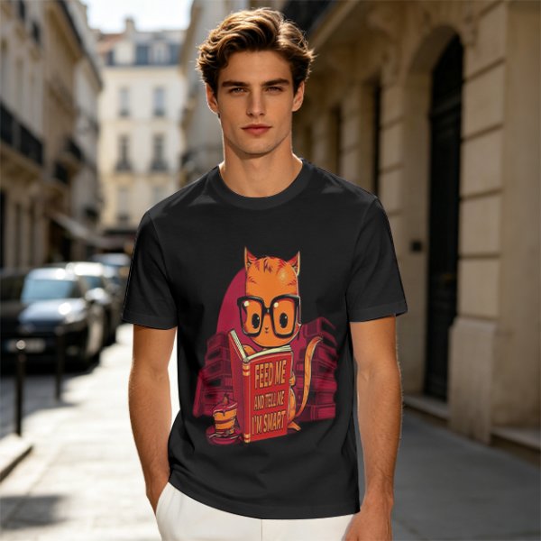 Olive T-Shirt With Nerdy Ginger Cat Reading Book Print