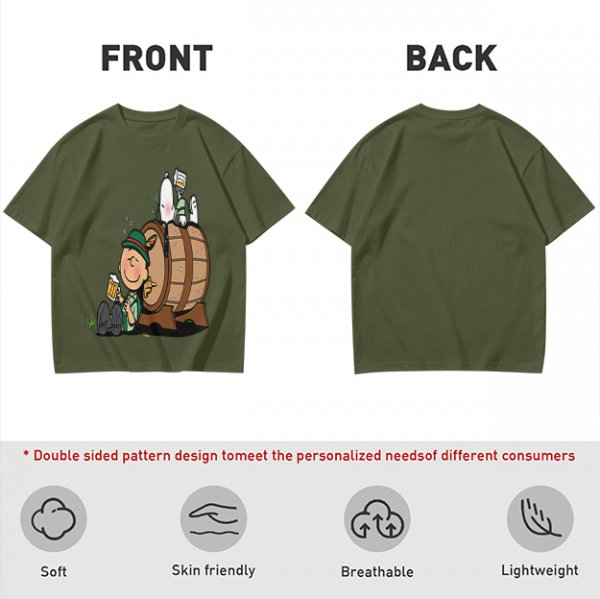 Olive T-Shirt with Charlie Brown and Snoopy at Oktoberfest Beer Barrel