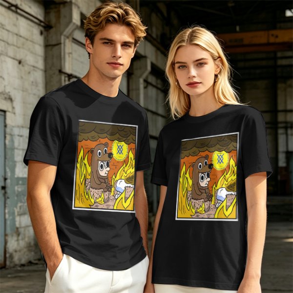 Olive T-shirt with Cartoon Bear Costume Figure in Flames Art