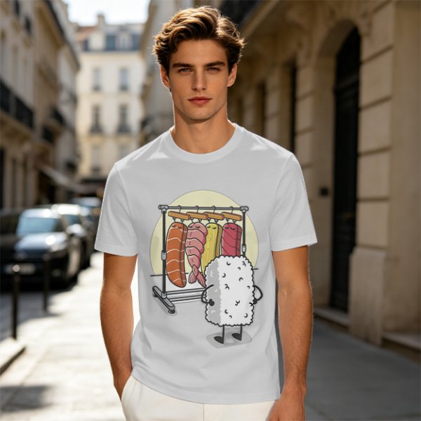 Olive T-Shirt With Funny Sushi Laundry Rack Graphic