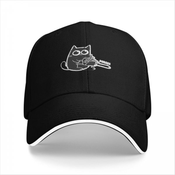 Black Baseball Cap With Cute Cat Holding Chainsaw Purr Print