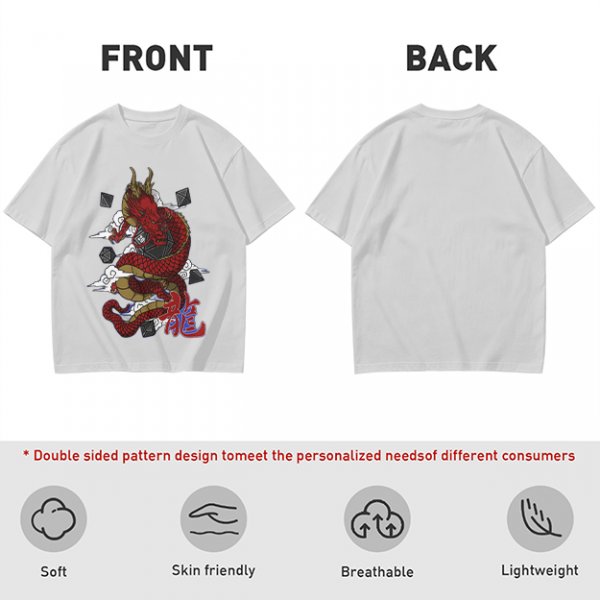 Olive T-shirt with Red Chinese Dragon and Cloud Graphic Print