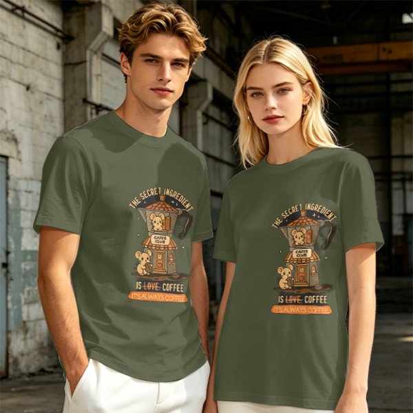 Olive t-shirt with coffee moka pot mouse shop graphic and coffee love quote
