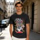 Olive green graphic t-shirt with a cartoon metal cat playing guitar