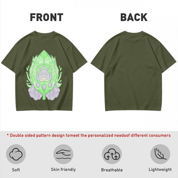 Olive Green T-Shirt With Leaf Shaped Tamagotchi Totoro Print