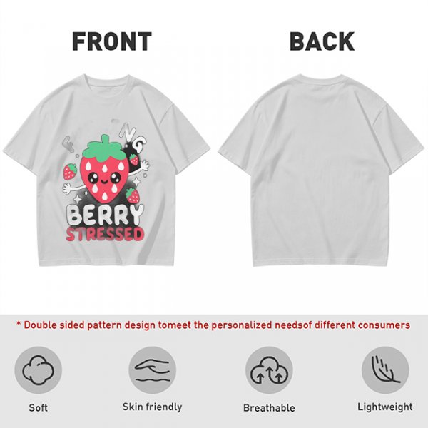 Olive graphic t-shirt with crying strawberry and 'berry stressed' text