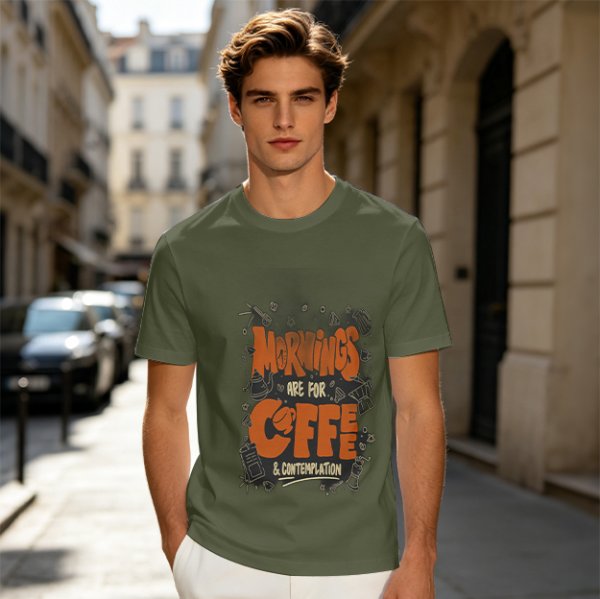 Olive t-shirt with 'Mornings are for coffee & contemplation' print