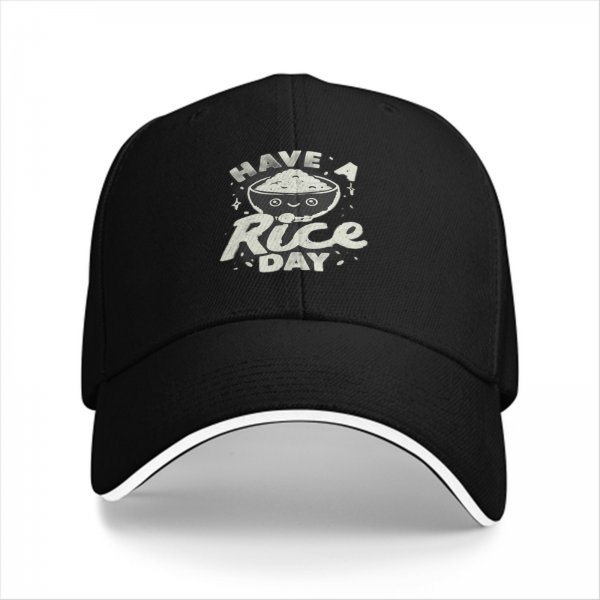 Black baseball cap with 'Have A Rice Day' kawaii rice bowl graphic