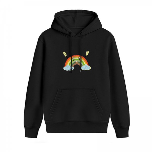 Black Hoodie With Cute Smiling Rainbow And Clouds Graphic