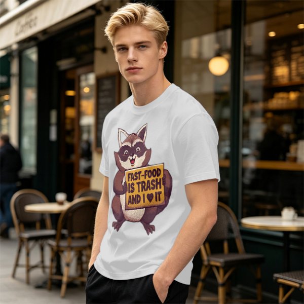 Olive t-shirt with a raccoon holding a fast food trash sign