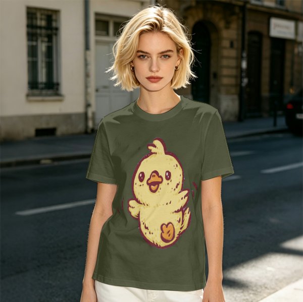 Olive T-Shirt With Cute Cartoon Chick Graphic