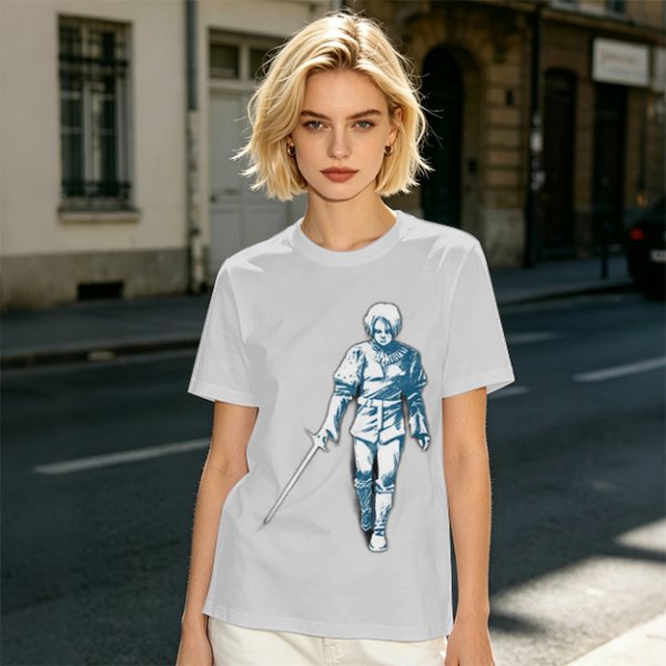 Olive T-shirt with Walking Swordsman Graphic Print