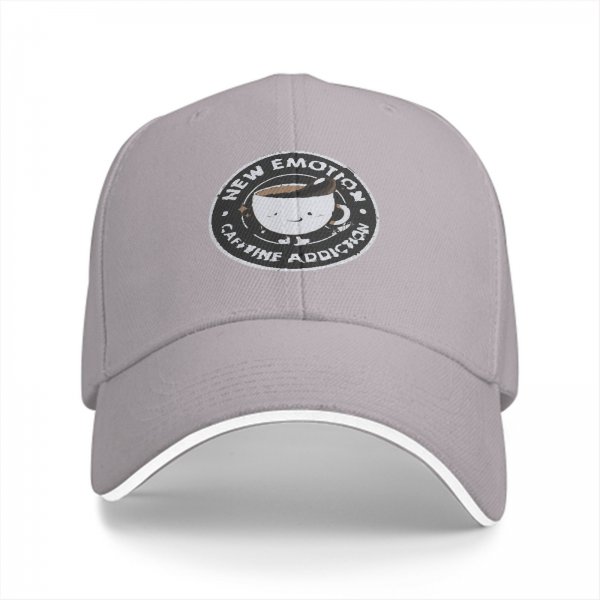 Black baseball cap with 'New Emotion Caffeine Addiction' coffee cup graphic