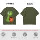 Olive green t-shirt with cute Tea Rex dinosaur holding a steaming tea mug