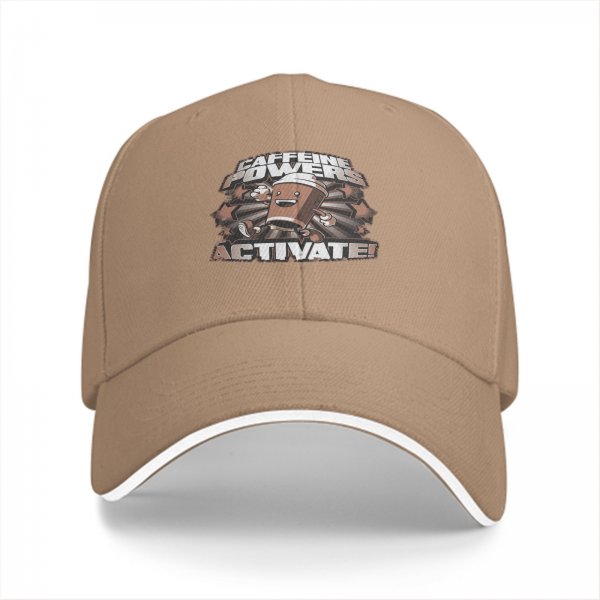 Black baseball cap with 'Caffeine Powers Activate!' coffee graphic
